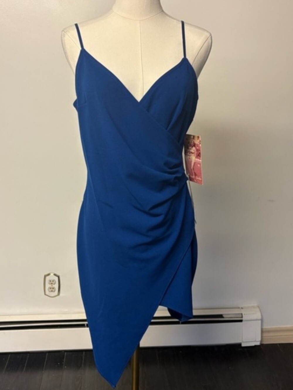 NWT Emerald Sundae Cobalt Blue Draped Faux-Wrap Mini Dress